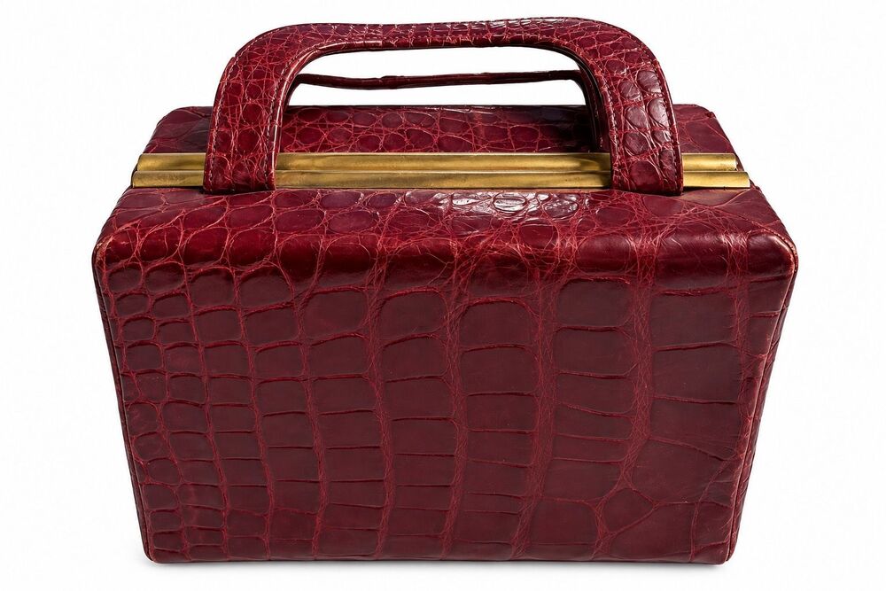 Jana Vintage Red Croc Embossed Structured Top Handle Handbag Gold Frame
